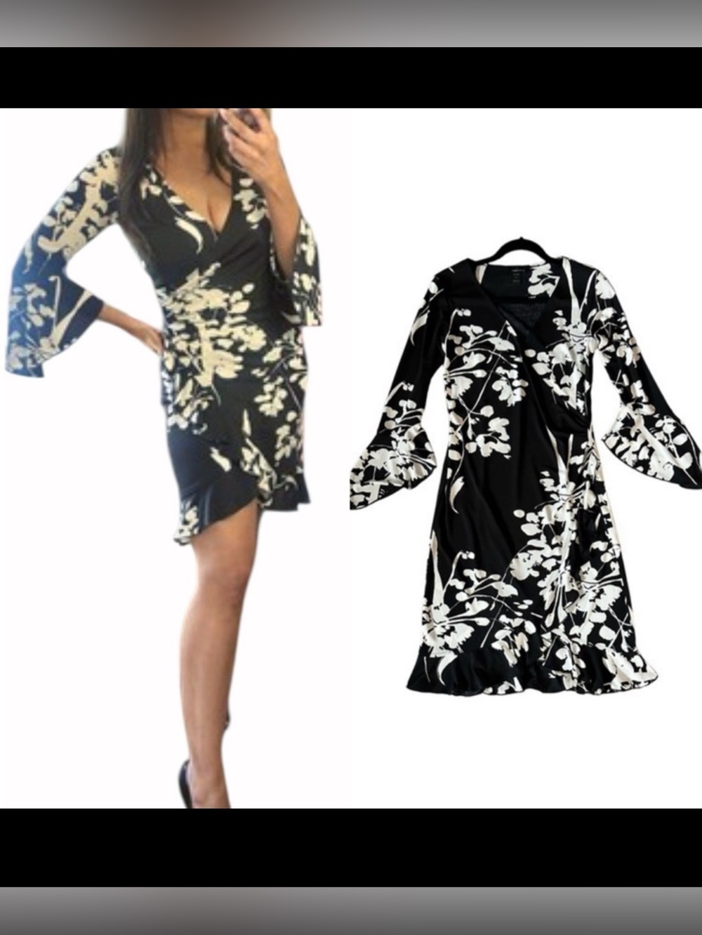 MODA International Black White Flutter Sleeve V Neck Wrap Style Dress Size 8